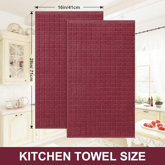Homaxy Premium Cotton Kitchen Towels 16"x 28", Large Natural Ring Spun 390 GSM Dish Towels, Super Absorbent Terry Kitchen Hand Towels, Soft Tea Towels with Hanging Loop, Pure Red Design,6 Pack