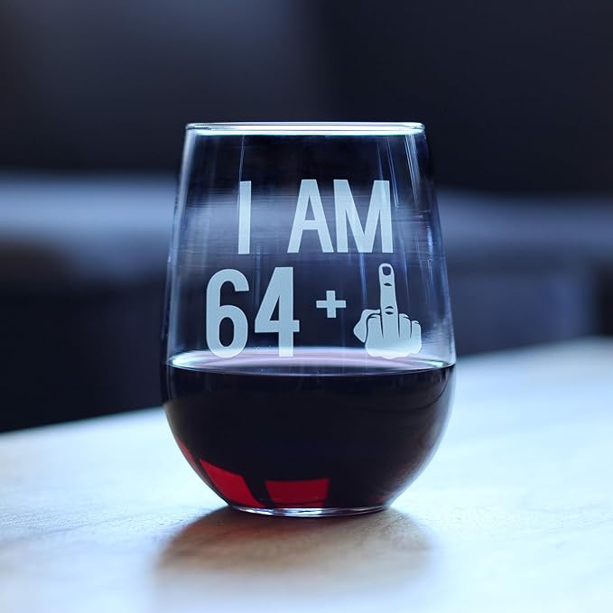 64 + 1-65th Birthday Stemless Wine Glass for Women & Men - Cute Funny Wine Gift Idea - Unique Personalized Bday Glasses for Mom, Dad, Friend Turning 65 - Drinking Party Decoration