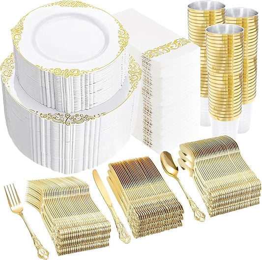 YOUBET 700PCS Gold Plastic Dinnerware Set - White and Gold Disposable Plates for 100 Guest - 200 Disposable Plates, 300 Heavy Duty Plastic Silverware, 100 Cups,100 Napkins for Wedding