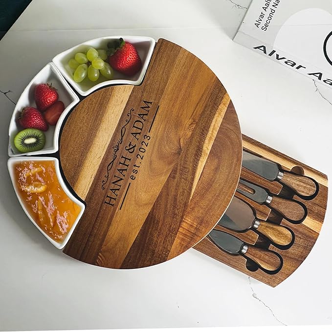 Personalized Charcuterie Board, 13'' Custom Round Cheese Board Gift, Acacia Wood Boards with Knives for Serving - Gifts for Housewarming New Home, Wedding, Anniversary, Christmas, Couples, Birthday