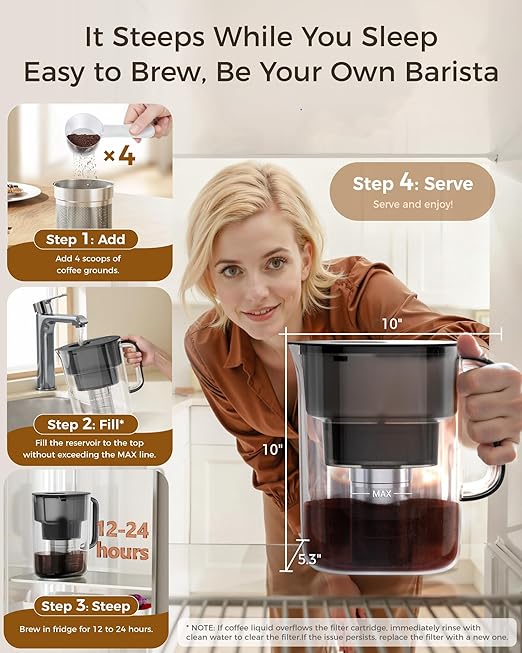 Waterdrop Cold Brew Coffee Maker with 1 Magnesium Water Filter, Well-Balanced Acidity, Unlocks Flavor and Aroma, BPA-Free, Precision Fine Mesh Filter for Iced Coffee, Tea, Lemonade, Black