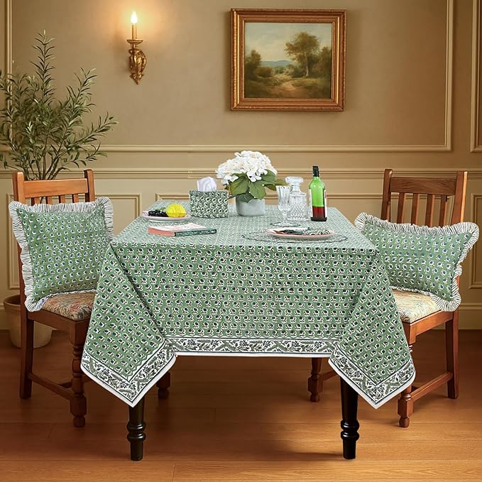 Ridhi Hand Block Print Basil Green Rectangle Cotton Tablecloth 90" x 60" Reusable Table Cover Decorative Everyday Use for Dining, Farmhouse, Home Gift for Spring, Easter, Valentine