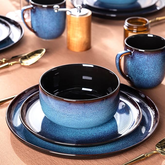 LERATIO Ceramic Dinnerware Sets for 4,16-PieceReactive Glaze Plates and Bowls Set with Mugs,Highly Chip and Crack Resistant | Dishwasher,Microwave & Oven Safe Dishes set-Blue
