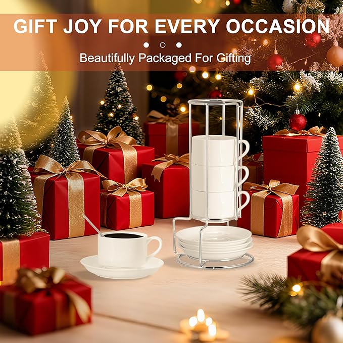 3 Ounce Espresso Cups Set of 4, Stackable Demitasse Mugs, Includes Display Stand, Cups Saucers, and Spoons, for Machines & Home Use, White Silver Tone
