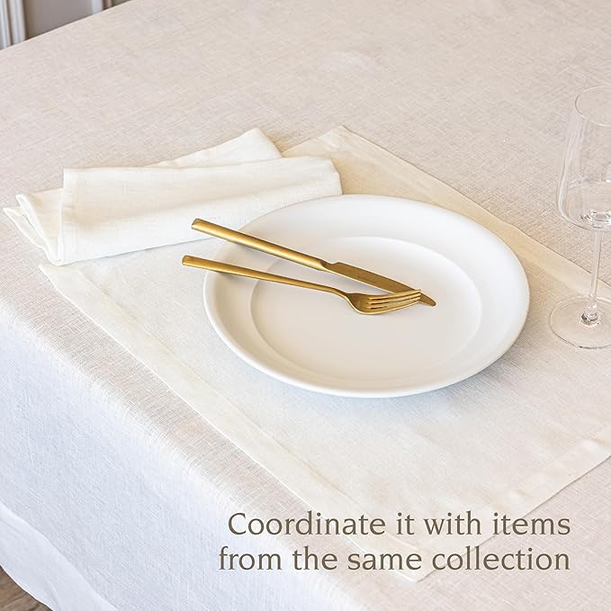 Over&Back 100%-Linen Woven Tablecloth - Colorful Dining Room Table Cover - Mitered Corner Hems - Machine Washable - Kitchen and Home Decor - Ivory - 70x108