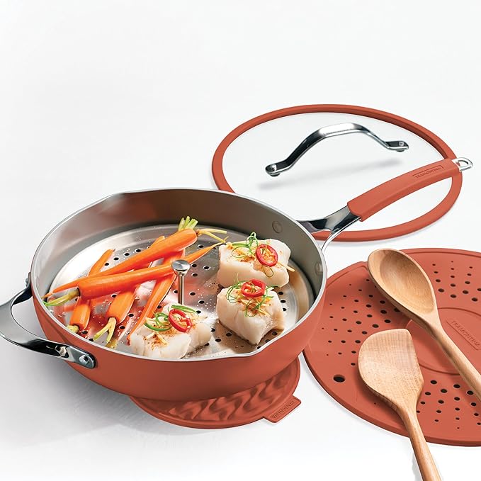 Tramontina Vue All-in-One Plus Pan Set, 5-Quart Ceramic Non Stick Cooking Pan with Glass Lid, Steamer Insert, Beechwood Utensils, Splatter Screen, Pot Holder, Orange