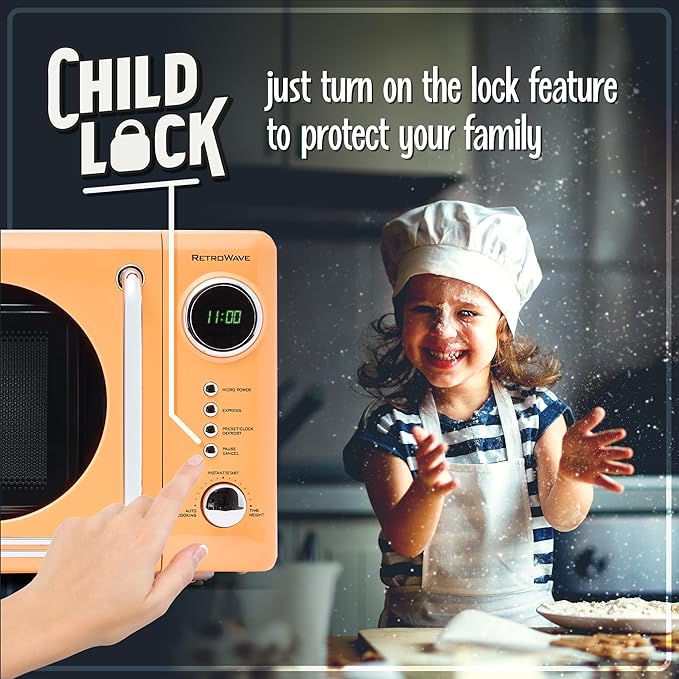 Nostalgia Retro Compact Countertop Microwave Oven - 0.7 Cu. Ft. - 700-Watts with LED Digital Display - Child Lock - Easy Clean Interior - Orange