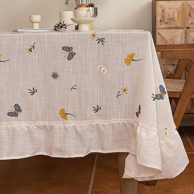 Ruffled Polyester Linen Tablecloth, Rectangular Dining Table Sunflower Butterfly Flower Ginkgo Biloba Embroidered Tablecloth, Multi-Style Bohemian Country Rustic Farmhouse Tablecloth 55x71 inches