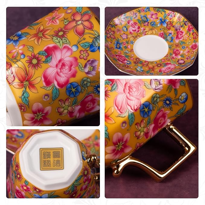 KAMMAK Tea Cups and Saucers Set of 2, Porcelain Coffee Cup with Saucer for Espresso, Cappuccino, 4.5oz Vintage Yellow and Blue Ceramic Novelty Mug for Home, Tea Party, Office
