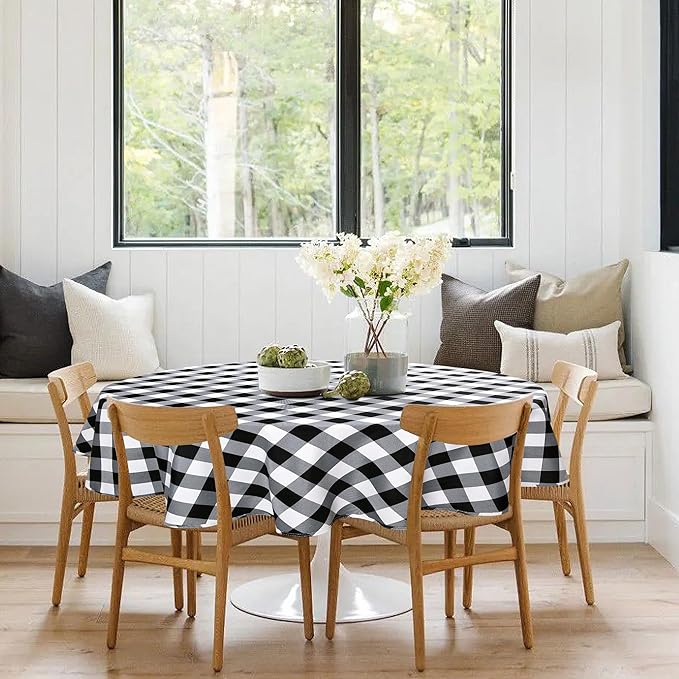 Hiasan Checkered Round Tablecloth 120 Inch - Waterproof Stain and Wrinkle Resistant Washable Fabric Table Cloth for Dining Room Party Outdoor Picnic, Black and White