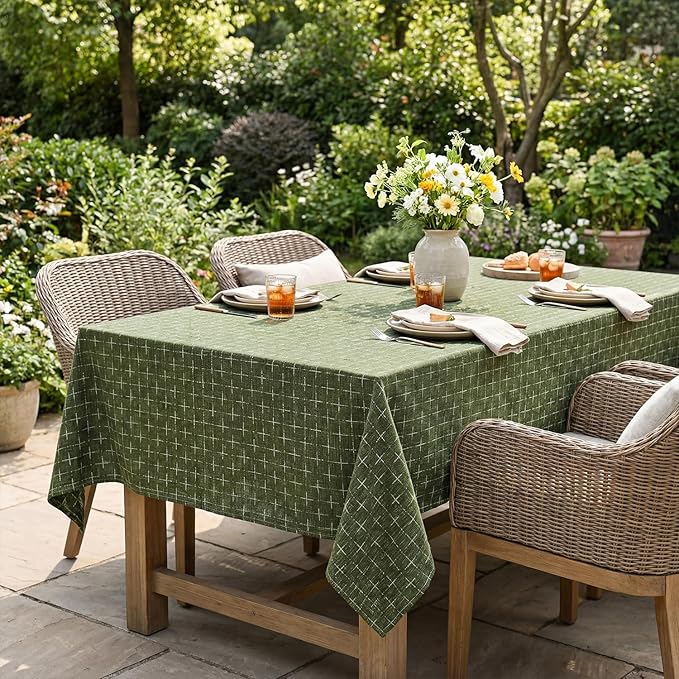 Horaldaily Olive Green Rectangular Table Cloth, Cross-Star Solid Textured Embroidery Tablecloth, Wrinkle Free Washable 60×104 Inch Table Cover for Kitchen, Party, Wedding, Picnic, Outdoor
