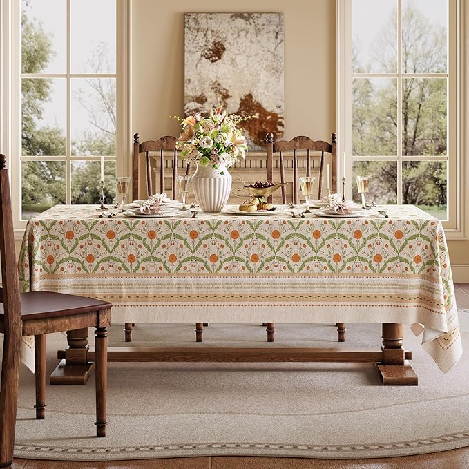 French Linen Tablecloth Square, Vintage Block Print Table Cloth, Waterproof Table Cover for Picnic Dining Party Wedding, Marigold Orange, 55x55''