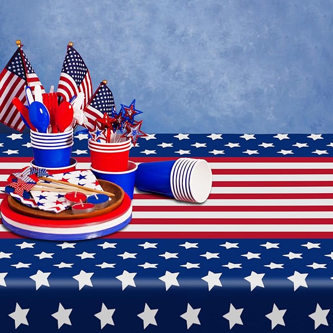 QZYL 6 Pack 4th of July Decorations, 54" x 108" USA Plastic Table Cover, Water Proof Fourth of July Tablecloth Patriotic Tablecloths, Red White Blue USA Decor Memorial Day Party Supplies