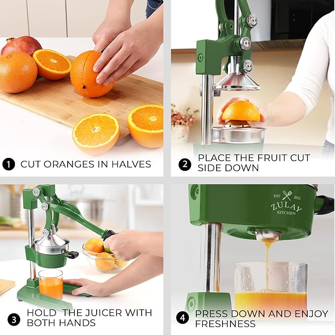 Zulay Kitchen Cast Iron Juicer - Easy-to-Clean Heavy-Duty Manual Juicer, Professional Citrus Juicer - Stainless Steel Lemon Squeezer - Manual Citrus Press & Orange Squeezer - Orange Juicer – Green