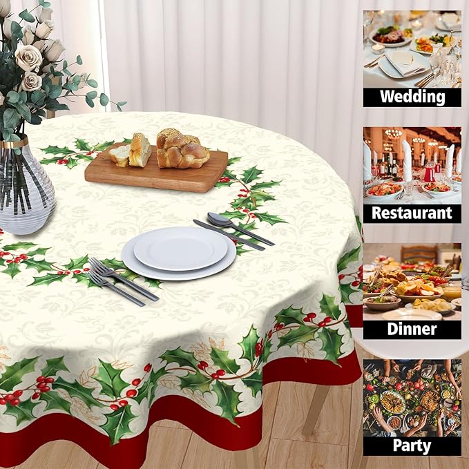 Christmas Round Tablecloth 70 Inch Red Xmas Holly Leaves Berries Pattern Circle Table Cloth Winter Holiday Decorative Table Cover for Kitchen Dinner Home Decor