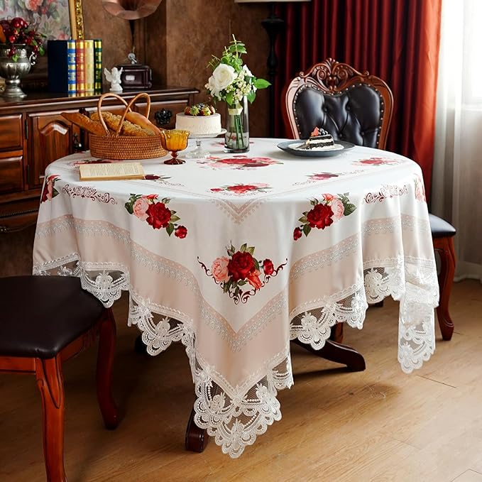 SUTAVIA Square Tablecloth with Embroidery Lace Farmhouse Table Cover Classic Antique Flower Pattern Macrame Tablecloth Rustic Decor for Home Holiday Party Dining Table (Offwhite, Square, 70"x70")