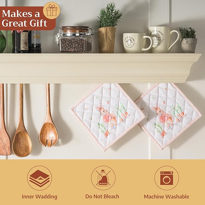 Maison d' Hermine Pot Holders 100% Cotton Heat Resistant Potholders 8" x 8" Hot Pads with Loop BBQ, Cooking, Baking, Grilling, Kitchen, Handling Hot Pans Spring/Summer (Pack of 1, Bunny Party)