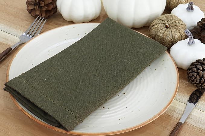 PurpleEssences Set of 12 Hemstitch Cloth Dinner Napkins 100% Cotton - Soft Durable Washable - Ideal for Wedding Christmas Holiday Winter - Perfect Everyday Use Table Linen 18x18 - Olive Green