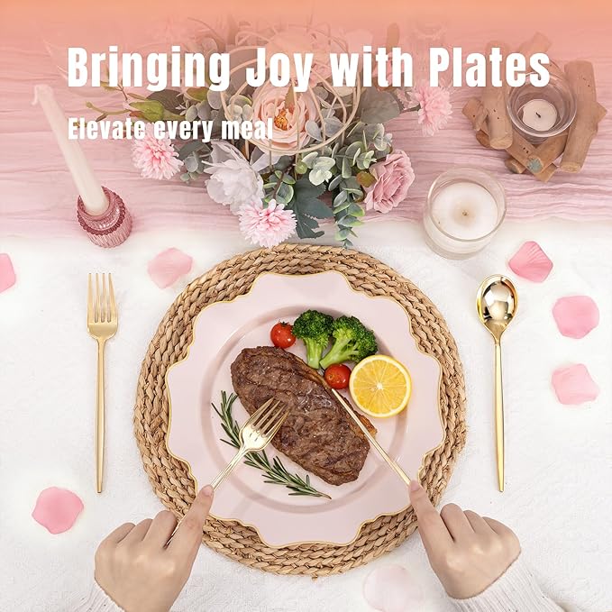 WDF 175Pcs Pink Plastic Plates - Pink and Gold Plates Disposable 25guest Plastic Dinnerware Ideal for Tea Party/Easter/Wedding/Baby Shower/Valentine's Day