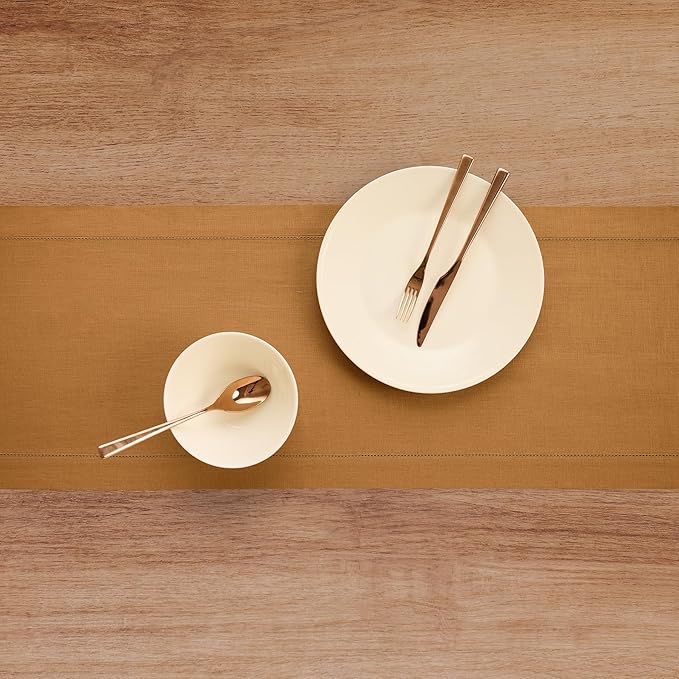 Solino Home Linen Brown Sugar Table Runner 132 Inches Long - 100% Pure Linen Extra Long Table Runner 14 x 132 Inch - Classic Hemstitch