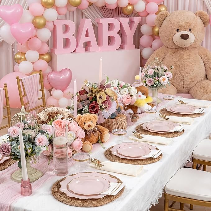 WDF 175Pcs Pink Plastic Plates - Pink and Gold Plates Disposable 25guest Plastic Dinnerware Ideal for Tea Party/Easter/Wedding/Baby Shower/Valentine's Day