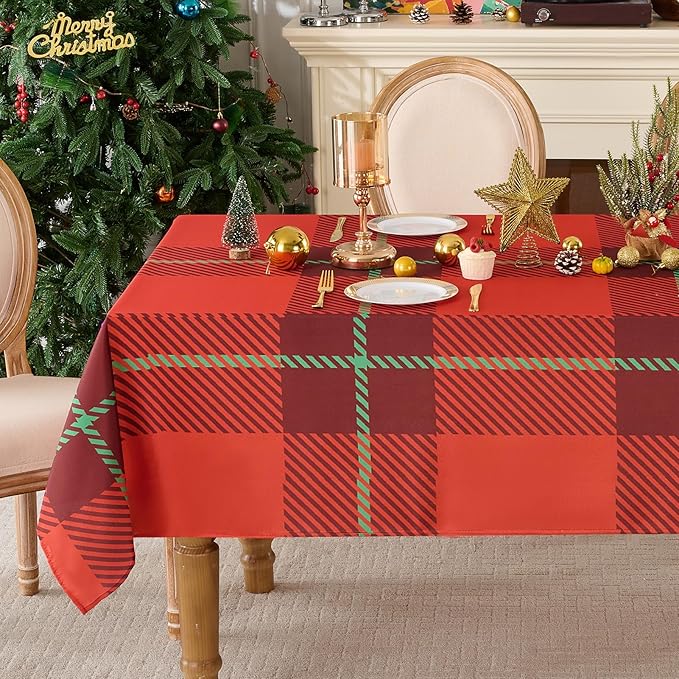 Christmas Tablecloth Rectangular 60x102 Inch Waterproof Table Cloth for 6ft, Washable Polyester Table Cover for Xmas Party, Winter Holiday Home Decoration in Festive Checkered Red 1pack
