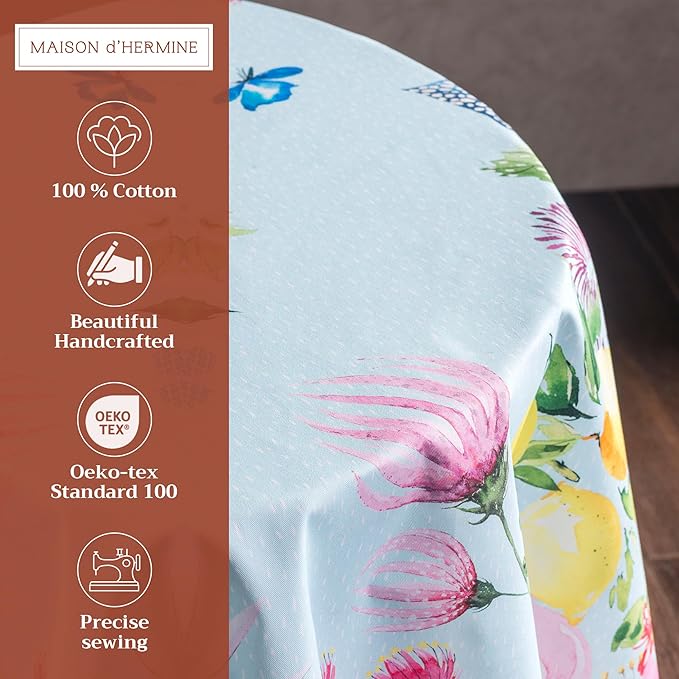 Maison d' Hermine Table Cloth Round Table 100% Cotton 69 Round Inches Tablecloth Reusable Decorative for Dining Room Farmhouse Home Valentines Day Decorations Spring Summer - Jardin D'Ete - Mint