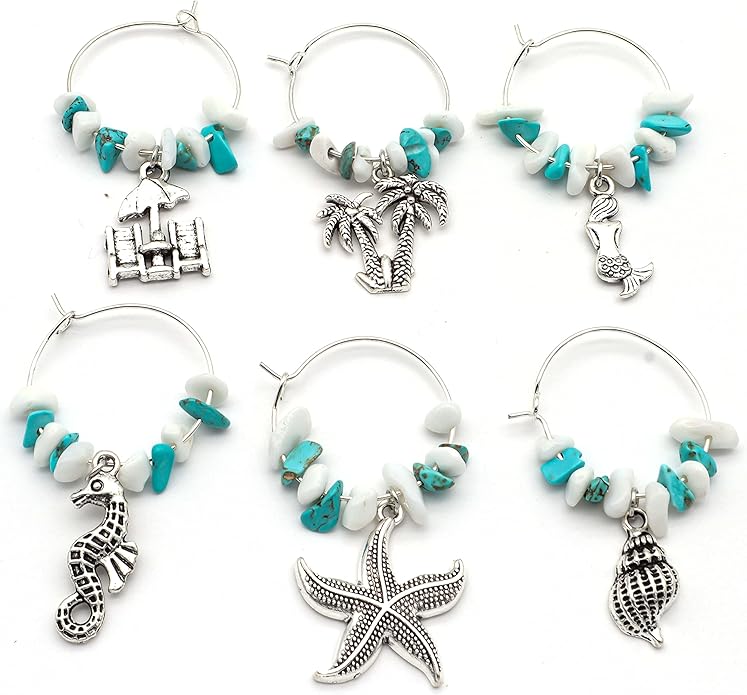 Serendipity Beach Wine Glass Charms - Coastal Seashell Starfish Palm Tree Mermaid Nautical Summer Ocean Tropical Party Décor