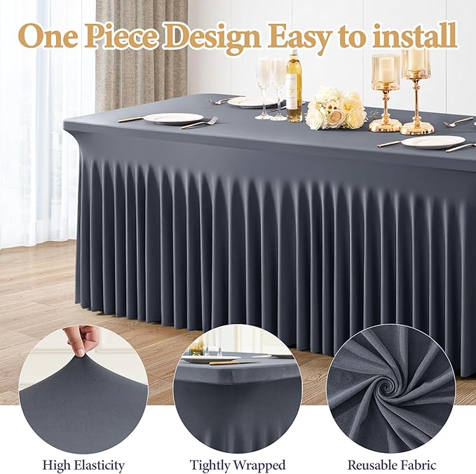 2 Packs Grey Spandex Tableclothes for 8 Foot Rectangle Table, Spandex Table Covers 8FT Stretch Table Skirts Wrinkle Free Fitted Table Cloth for Event, Wedding, Banquet & Parties