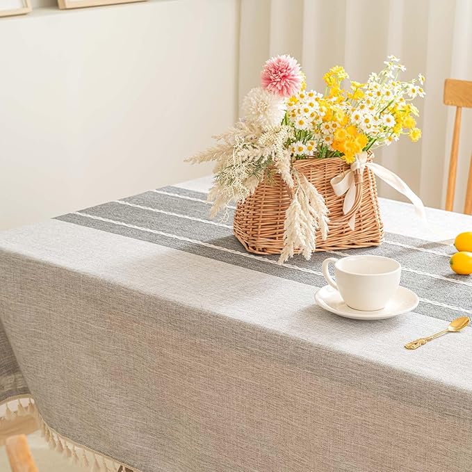 SIELUNO Farmhouse Tablecloth Cotton Linen Waterproof Burlap Table Cloth Rectangle Table Cloths for Kitchen Dinning Tabletop Decoration-Grey Stripe-Rectangle, 55''x70'', 4-6 Seats