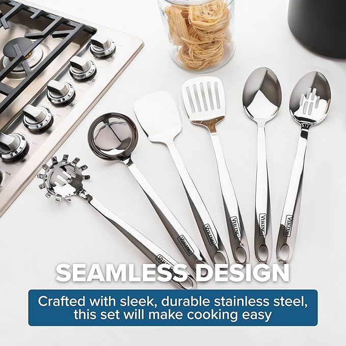 Viking Kitchen Utensils Set, 6 Piece Stainless Steel Cooking Utensil Set, Includes Spatulas, Spoons, Pasta Fork, and Deep Ladle, Hollow Forged, Silver