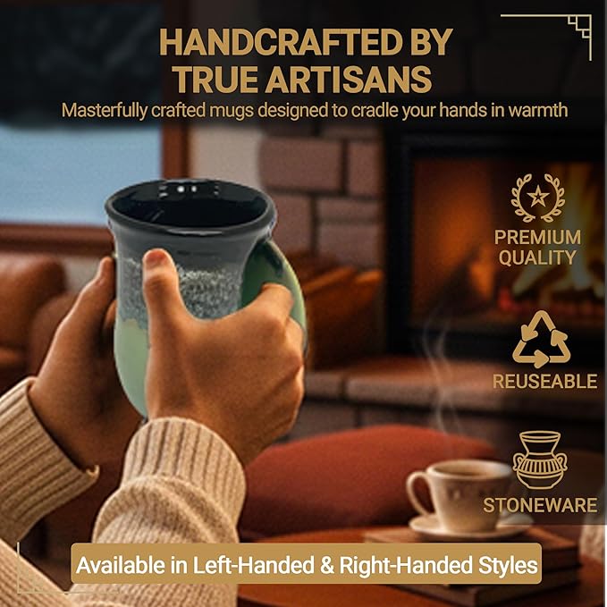 Clay in Motion Hand Warmer Coffee Mug – Handmade Coffee Mug With Comfortable Handle Contoured Pocket Hand Warming Ceramic Coffee Mug – Proudly Made in USA – Right Handed – 14 Oz - Midnight Prairie