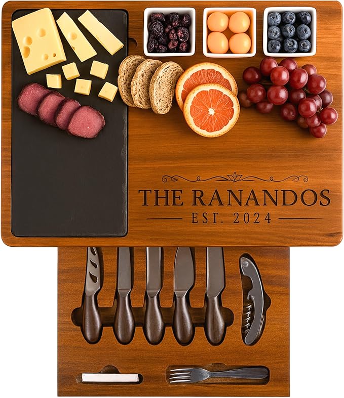 Personalized Acacia Wood Charcuterie Board Set with Stainless Steel Knives – Custom Cheese Board for Wedding, Valentines Day Gifts for Her, Housewarming, Bridal Shower, Anniversary, Women and Couples