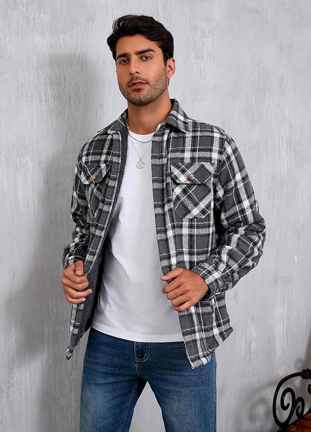 Men's Cotton Sherpa Lined Button Down Flannel Shirt Jacket Plaid Soft Outdoor Flannel Jacket Shirt