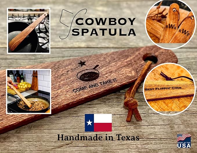 COWBOY SPATULA Mesquite Wood Spatula - Perfect for cast iron skillets, steel and nonstick cookware, Scraper, roux spoon, TEXAS SLIM, Handmade in Texas, Made in USA Personalize It!