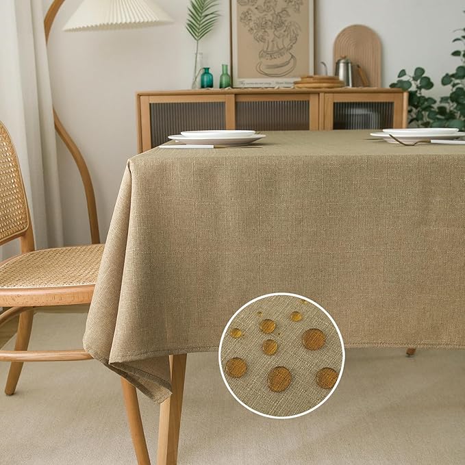 NLMUVW Tan Linen Tablecloth 84 Inch Rectangle, Textured Table Cloth Farmhouse Water Resistant Decorative Table Cover for Dining Kitchen, 54 x 84 Inch
