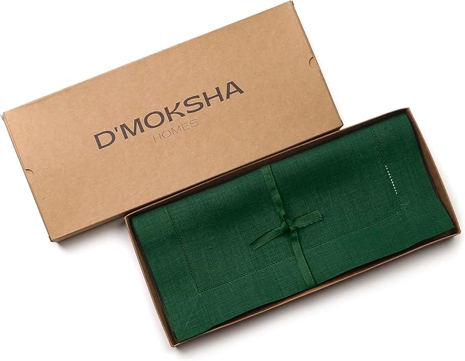 D'Moksha Homes Linen Forest Green Table Runner 72 Inches Long - 100% Pure Linen Hemstitch Table Runner 14 x 72 Inch for Dresser, Dining, St Patricks Day, Easter - Classic Hemstitch