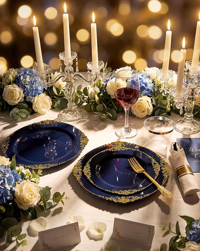 Nervure 350Pcs Blue Plastic Plates - Blue Gold Plastic Dinnerware Sets for 50 Guests - 100 Navy Gold Disposable Plates, 50 Pre Rolled Silverware, 50 Cups Perfect for Wedding & Party