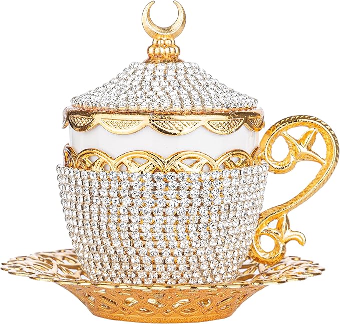 Alisveristime 27 Pc Ottoman Turkish Greek Arabic Coffee Espresso Serving Cup Saucer Crystal Set (Gelincik) - Handcrafted Traditional Set with Hilal Motifs (Gold)