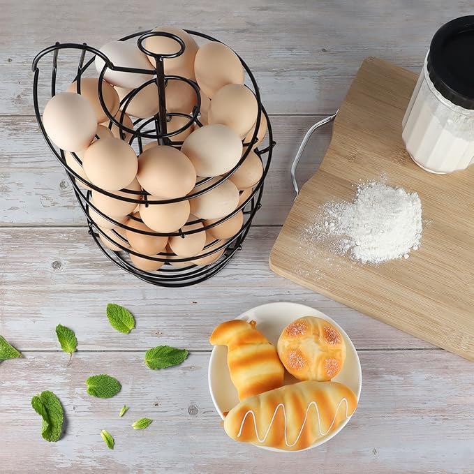 QUTREY Black Metal Egg Holder Countertop, Fresh Egg Skelter, Spiral Design Egg Dispenser Rack with Storage Basket for Kitchen