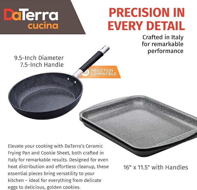 DaTerra Cucina Nonstick Weekday Bundle – 9.5" Frying Pan, Twin Baking/Cookie Sheets – Oven Safe, PTFE & PFOA Free, Ideal for Frying, Roasting and Baking - Made in Italy, Volcanic Black Ceramic