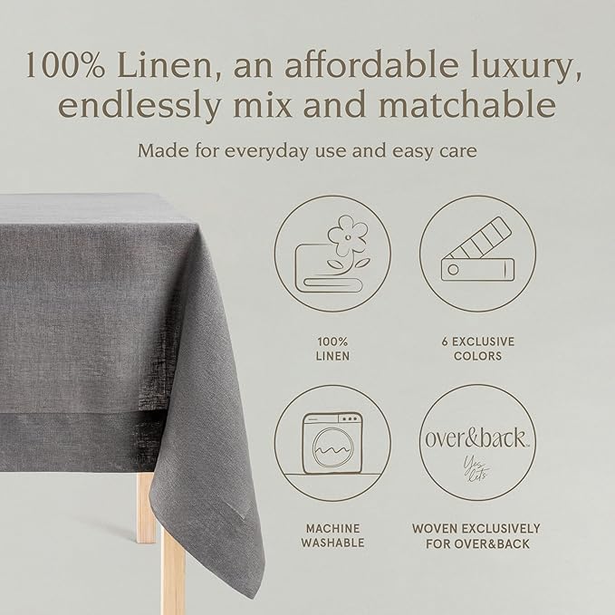 Over&Back 100%-Linen Woven Tablecloth - Colorful Dining Room Table Cover - Mitered Corner Hems - Machine Washable - Kitchen and Home Decor - Grey - 70x108