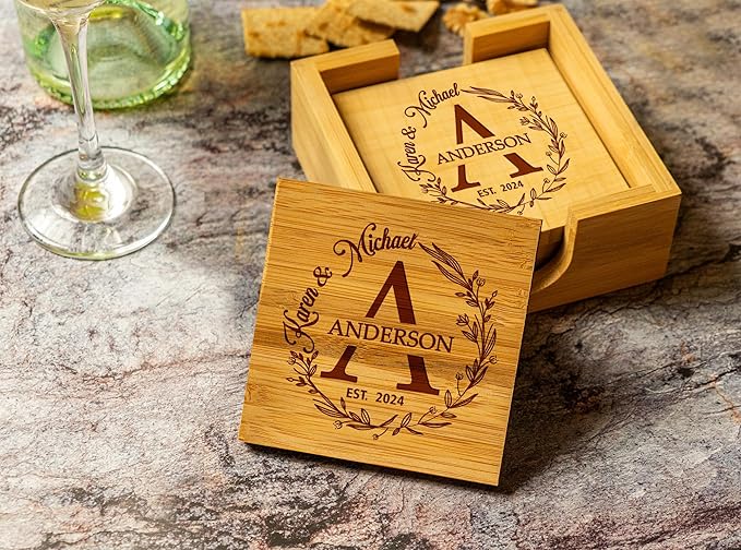 Silveroy Custom Coaster Set of 6 with Holder - Personalized Bamboo Bar Coasters for Anniversary, Wedding, Ideas to Couples, Newlyweds