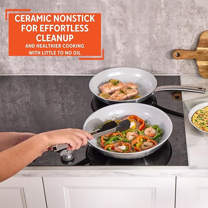 IMUSA 8” & 10” Stainless Steel Frying Pan Set with Gray Ceramic Non Stick Coating, 2 Ply Aluminum Construction, Oven Safe and Induction Compatible Skillet Duo