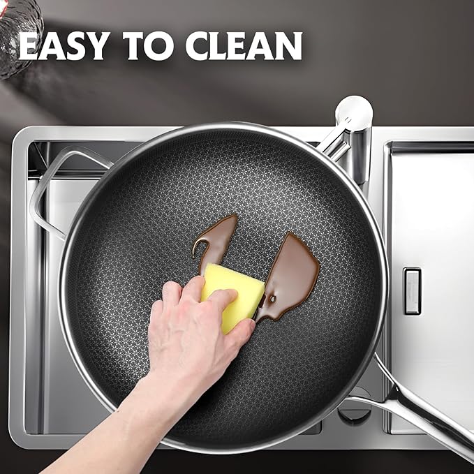 Wok, 13 Inch Hybrid Woks & Stir-fry Pans Nonstick with Double Handles, Non Toxic Stainless Steel Wok Pan with Lid, Dishwasher Induction Oven Broiler Safe
