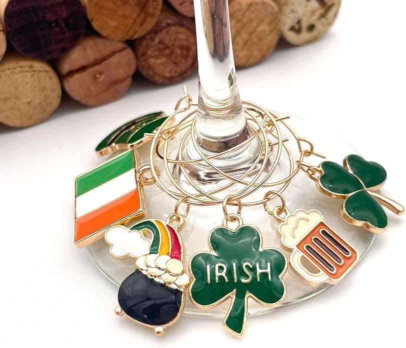 Serendipity Irish Wine Glass Charms, Irish Glass Markers, St Patricks Day Decoration, Set of 6 Charms: Ireland Flag, Leprechaun Hat, Shamrock, Beer Mug, and Pot of Gold