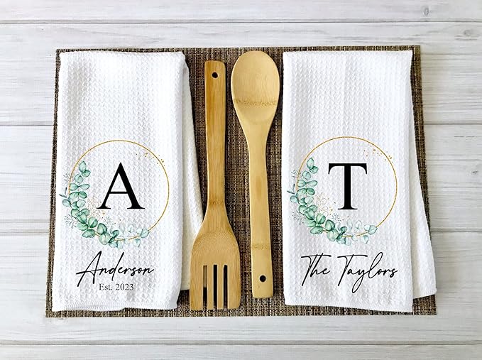 Personalized Kitchen Towel | Custom Tea Towel | Family Name Dish Towel | Kitchen Decor | Hand Towel | Housewarming Gift | Monogram Dishcloth (Wreath 3)