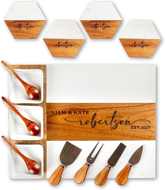 Personalized Charcuterie Board - Custom Engraved Wooden Marble Cheese Boards for Bridal Shower, Wedding, Housewarming, Anniversary, Birthday for Couples, Valentines Day Gifts for Her, Women