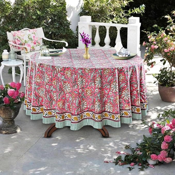 Ridhi Block Print Round Candy Pink Reusable Tablecloth 100% Cotton 132" Inch Decorative Table Cover eveyday Dining, Home, Party, Wedding, Farmhouse Gift for Spring, Easter, Valentine
