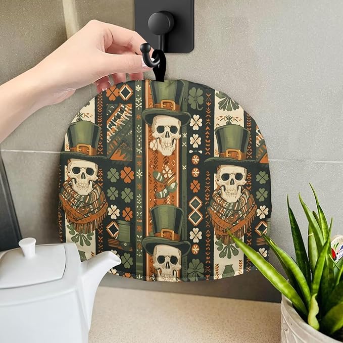 Green Top Hat Tea Pot Cozy for Keeping Warm Dust Proof Human Skeleton Tea Cup Warmer Cozy Kitchen Accessory Shamrock Teapot Insulation Cover for St. Patrick's Day